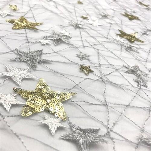 Lace147 Embroidered Stars Mesh Yarn Sequined Fabric Fashion Womens Dresses Stage Wear Decorative Fabrics Wedding Dress Curtains