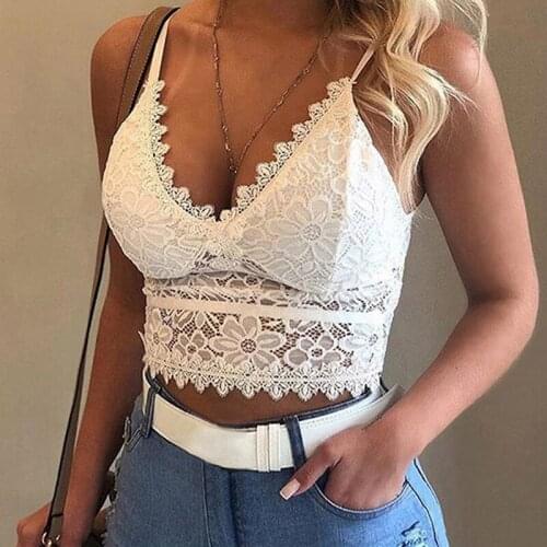 Fashion Lace Women Bra Summer Slim Push up Sports Bra Deep V Neck Floral Spaghetti Straps Tank Tops Hollow Out Sleeveless Vests