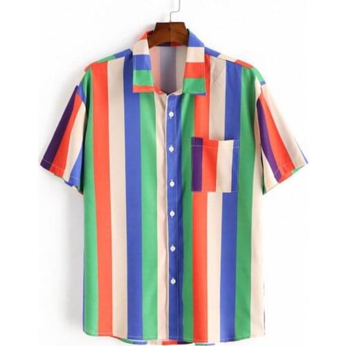Mens Hawaiian Rainbow Striped Printed Shirt Summer Casual Beach Daily Quick-drying Striped Short Sleeve Shirt Mens Clothing