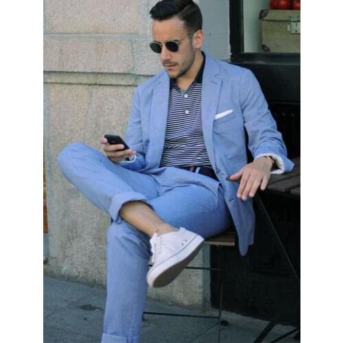 ANNIEBRITNEY Light Blue 2 Piece Slim Men Business Suit Tailor Made Groom Wedding Tuxedo 2 Piece Prom Wedding Business Men Suit