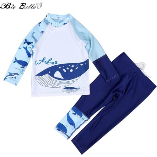 New Kids Swimwear Split Style Boys Swimming Cartoon Shark Baby Swimsuit Teens SPA Bathing Long Sleeve Tops+Full Pant Boys Set