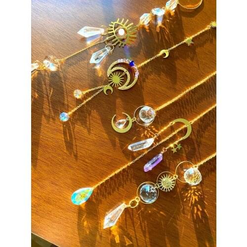 Hanging Gold Crystal Prism | Crescent Moon Boho Window Hanger | Mothers Day | Aura Rainbow Car Accessory | Evil Eye Suncatcher