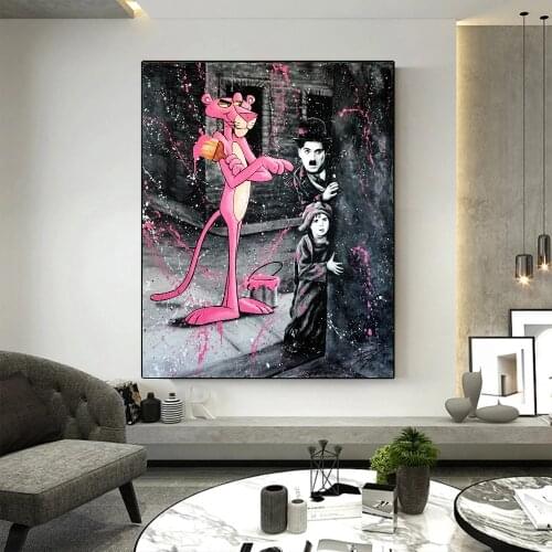 Disney Pink Panther Anime Posters Cartoon Prints Pink Leopard Graffiti Painting on Canvas Wall Art Pictures Kids Room Home Decor