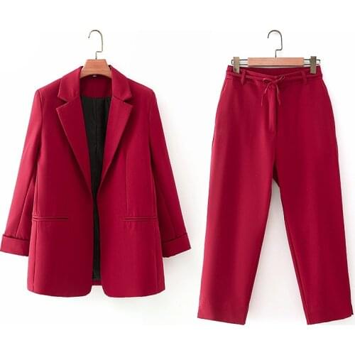 PUWD Casual Woman Wine Red Blazer Suits 2021 Spring-Autumn Fashion Female Loose High Waisted Pant Suits Ladies High Street Set