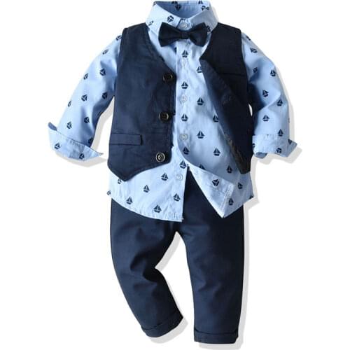 Baby Boy Clothing Shirt Bow Set Birthday Formal Suit Autumn Newborn Boys Clothes Set Blue Shirt Top+Suspender Pants Outfits