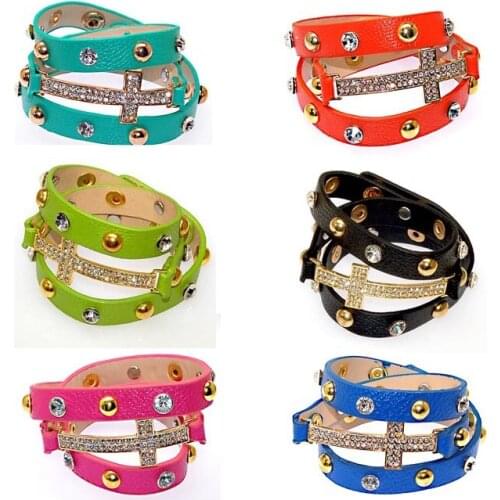 Crystal Metal Rivet PU Leather Double Wrap Bracelets Wrapped Studded Bracelets With Crystal Cross Charm Bracelet Random Mixed