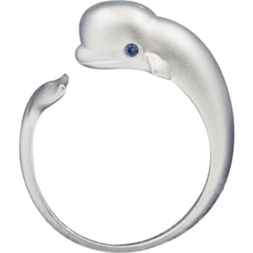 925 Sterling Silver Cute Animals Lovely Ocean Blue eyes Bighead Dolphin Adjustable Size Open Ring for Women Girls Gifts SR009