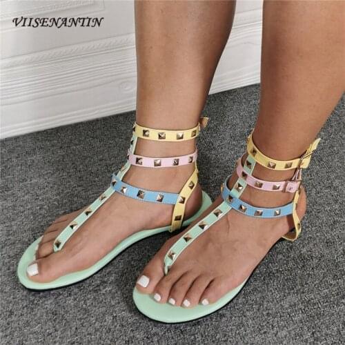 Round-toe Flip-flops Casual Roman Sandals Color-blocking Rivets One-word Buckle Fashionable and Versatile Flat Shoes