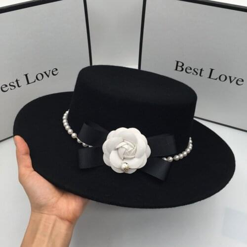 Fedoras spring new wool Black flat top hat for women for camellia elegant pearl flower lady photograph