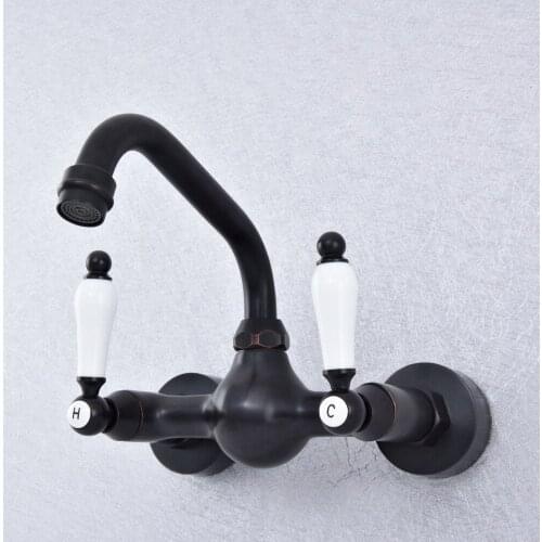 Bathroom Black Bronze Faucet Wall Mounted Double Handle Swivel Spout Hot and Cold Mixer Faucet Nsf707