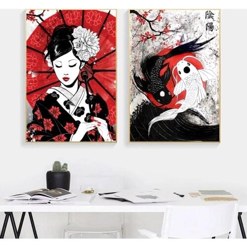 Japanese Wall Art Geisha And Yin-Yang Fish Oil Painting On Canvas Posters And Prints Samurai Picture For Living Room Home Decor