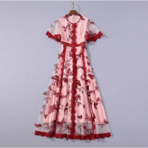 Womens European and American clothing 2021 summer new style short sleeves The butterfly embroidered lace Fashionable dress