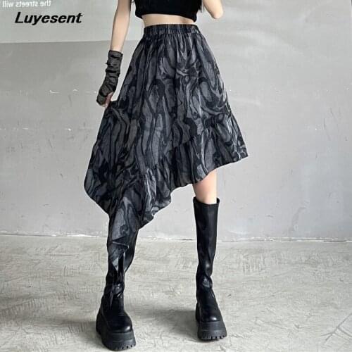 Gray Gothic Girl Irregular Skirt Tie Dye Summer Elastic High Waist Lady Pleated Skirts Cotton Dark Goth Cool Women Streetwear