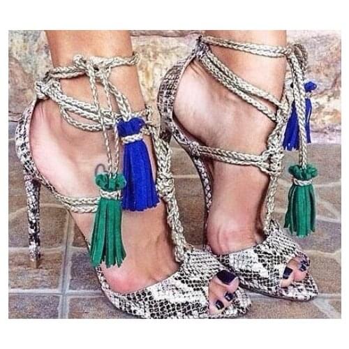 Brand Summer 2017 New Fashion Women Snakeskin Tassel Fringed Peep Toe Lace Up Thin Heels Dress High Heel Sandals Shoes