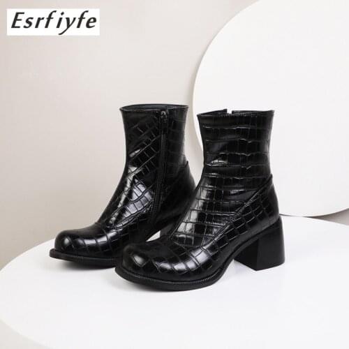 ESRFIYFE 2020 New Autumn Winter Women Ankle Boots Fashion Stone Grain Round Toe High Heels Shoes Woman Large Size 17 Party Shoes