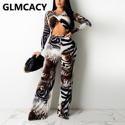 Women Two Piece Tiger Skin Printed Suit Long Sleeve Crop Top & Loose Pants Set