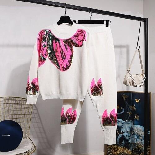 Knitwear 2 Piece Suits Autumn Women Fashion sequins Warm Sweater+Loose Trousers Casual Women Knitted sets Large size