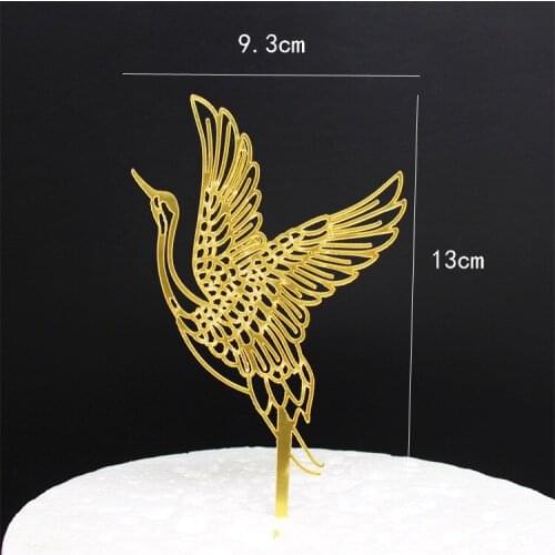 3pcs/set Chinese Style Crane Shaped Cake Topper Exquisite Acrylic Dessert Decoration for Party Festival (Golden)