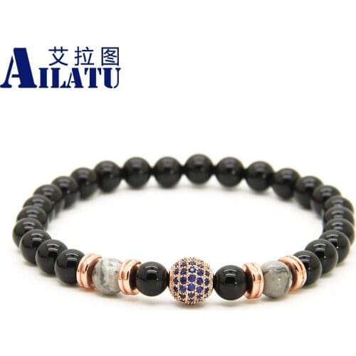 Ailatu Wholesale 10pcs/lot A Grade Black Onyx Stone Beads with Micro Paved Blue Cz Ball Beaded Mens Party Gift Bracelet