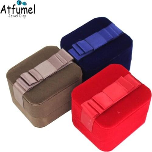 Velvet Ring Jewelry Display Box Red Blue Brown Stud Diamond Ring Jewelry Organizer Storage Gift Box Wedding Ring Ribbon Box
