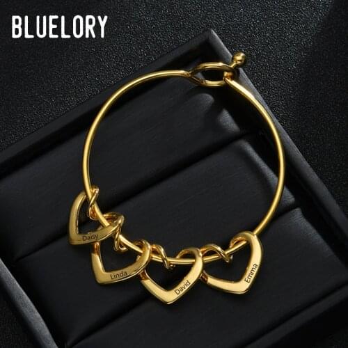 Bluelory Personalized Engraved 1-5 Names Heart Bracelets For Women Custom Stainless Steel Bangles Family Gift