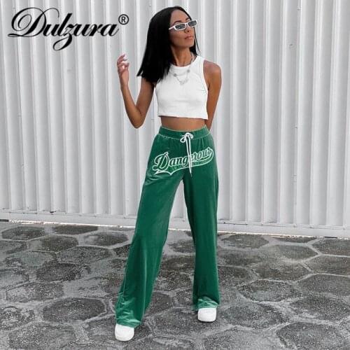 Dulzura Velvet Letter Embroidery High Waist Wide Leg Sweatpants Loose Casual Streetwear Casual Women 2021 Summer Pants Trousers