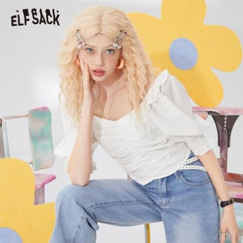 ELFSACK Solid Pure Chic Casual Sweety Milkmaid Shirt Women,2021 Summer Vintage Puff Sleeve Princess Basic Daily Top