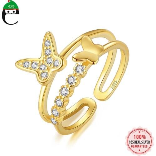 ElfoPlataSi Genuine S925 Sterling Silver Zircon Butterfly Opening Ring Gift For Women Wedding Birthday Party Fine Jewelry L212