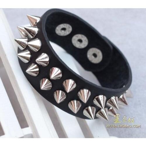 Fashion punk gothic double spike genuine leather hand ring