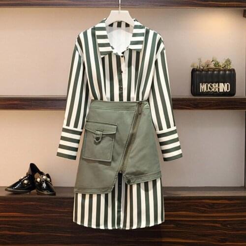 2 Pcs Set 2020 Spring Autumn Womens Long Shirt Stripe Dress Mini Irregular Skirt Sets Ladies Fashion Plus Size Clothes 4XL f145