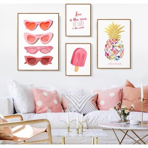 Nordic Style Summer Illustration Poster Pink Sunglasses Pineapple Ice Cream Print Canvas Painting Wall Art Picture Home Decor