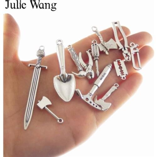 Julie Wang 12pcs Mixed Tool Mini Pliers Ax Saw Shovel Hammer Charm Necklace Pendants DIY Jewelry Making Accessory