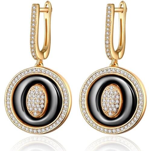 New Fashion Round Black Ceramic Earrings for Women Luxury Jewelry Cubic Zirconia Gold Silver Color Big Drop Earrings Girls Gifts