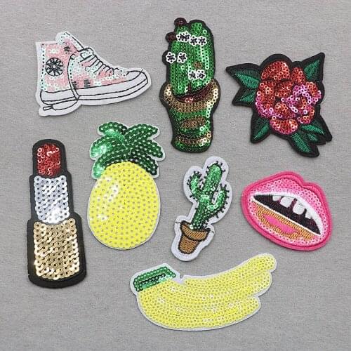 PGY Sequins Food Embroidered Patches Iron Sew On Lip Rose Appliques for Clothes Diy Shine Badges Banana Cactus Stickers