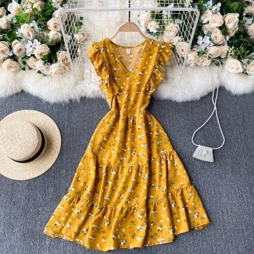 Teeuiear Boho Vnitage V Neck Floral Print Dress Ruffles Midi Dress Summer Party Tank Sundress Women A-Line Beach Holiday Dress