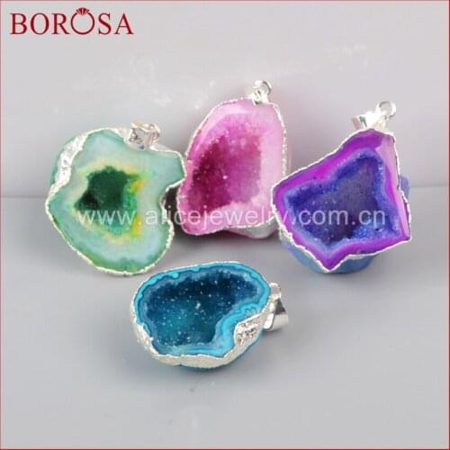 BOROSA Silver Color Rainbow Natural Drusy Crystal Quartz Geode Charms Pendant Beads Fashion Jewelry SS001
