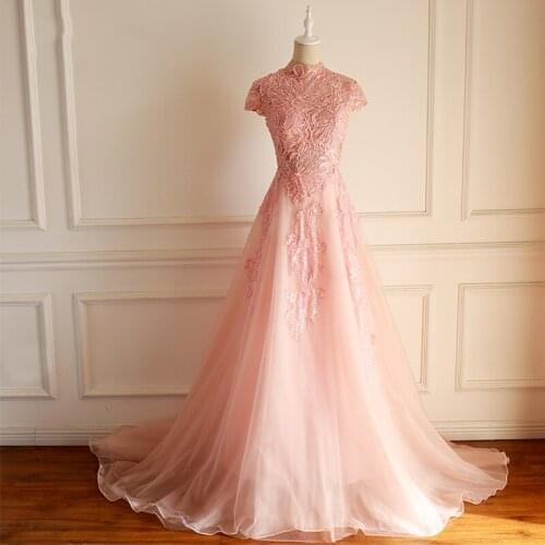 Pink Long Lace Evening Dresses On Sale A Line High Neck Prom Party Turkish Formal Evening Gowns Dresses
