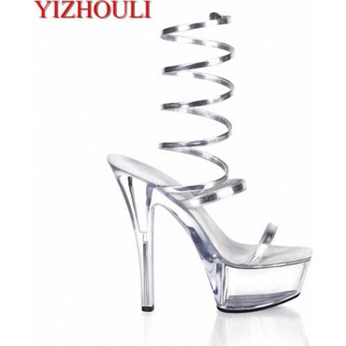 Womens High Heel Sandals Sexy Crystal Clear Womens Fish High-Platform Shoes 15cm Leopard Dance Shoes EUR 34-46