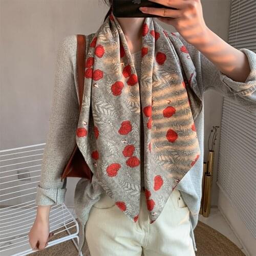 2021 new cartoon silk scarf ladies fashion flower print square head scarf ladies luxury brand shawl wrinkled leaf satin head sca