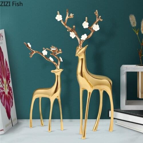 Creative Crystal Copper Deer Sculpture Metal Crafts Golden Animal Deer Statue Living Room Countertop Decoration Birthday Gift