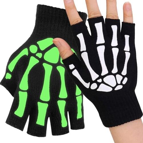 Unisex Adult Halloween Skeleton Pattern Skull Half Finger Gloves Glow In The Dark Fingerless Stretch Knitted Winter Mittens