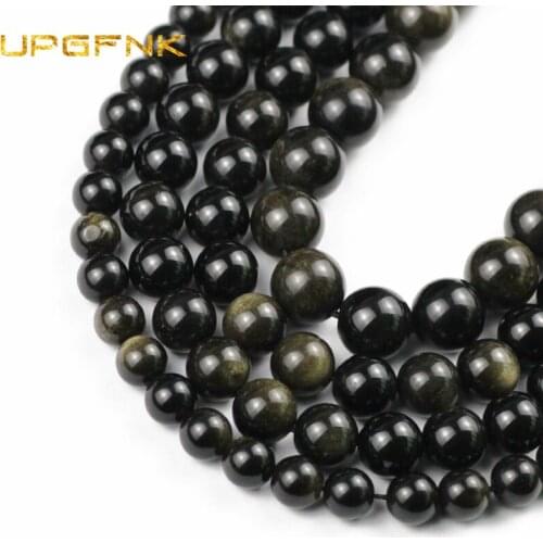 UPGFNK Natural Stone Gold Obsidian Round Loose Spacer Beads For Jewelry Making 4/6/8/10/12mm DIY Bracelets necklace accesssories