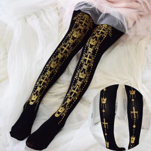 Vintage Womens Lolita Tights Luxury Cross Crown Velvet Pantyhose Bronzing Cosplay Kawaii Cute Elegant Socks Sweet Black / White