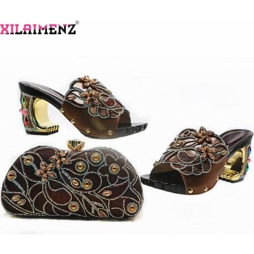 High Quality New Arrivals African Women Wedding Shoe and Bag to Match High Heels Slipper with Crystal in Coffee Color for Party