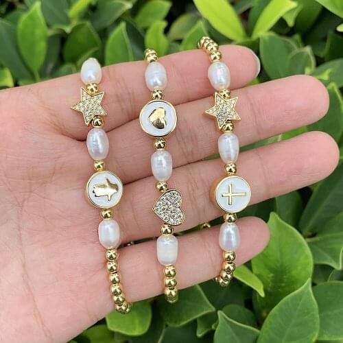 High Quality Strong Gold Plated Wire Bracelet Freshwater Pearl Bracelet Cross/Heart Shape Pearl Personalized Jewelry
