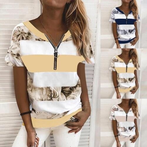 Fashion Summer Oversized Ladies Top Zipper Women Blouse Printed Summer Loose Shirts Short Sleeve V Neck T-shirt for Party 2021