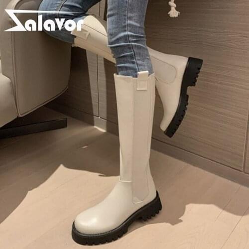 Zalavor 2022 Women Real Leather Shoes Thick Heels Slip On Long Ridding Boot Cool Fashion Winter Ladies Footwear Size 34-39