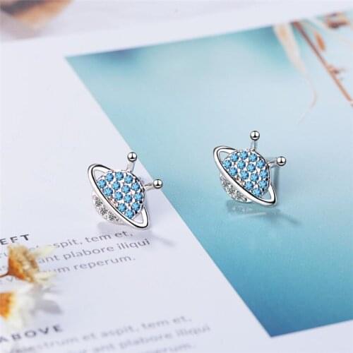 Sole Memory Blue Zircon Planet Snail Cute Sweet Fresh 925 Sterling Silver Fashion Female Stud Earrings SEA591