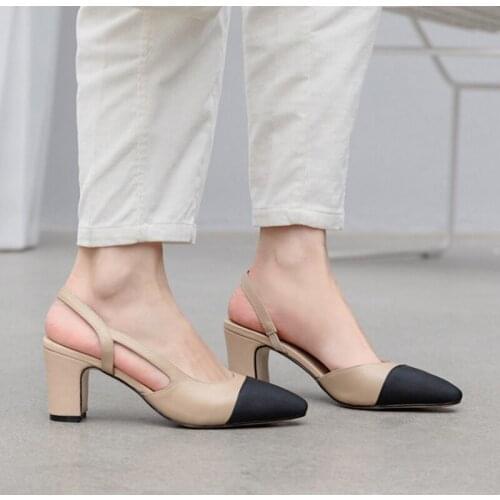 2021 Women Slingbacks Shoes High Heels Natural Genuine Leather Thick High Heel Shoes Cow Leather Mixed Colors Pumps Ladies