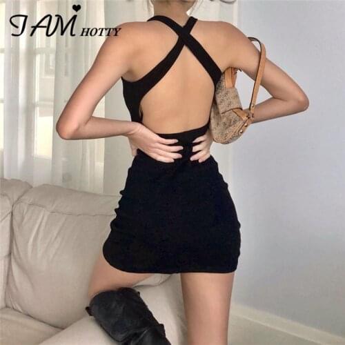 Iamhotty Sexy Backless Cross Bandage Mini Dress Women Vintage Club Party Halter Jurken Gothic Dresses Summer Bodycon Clothes202